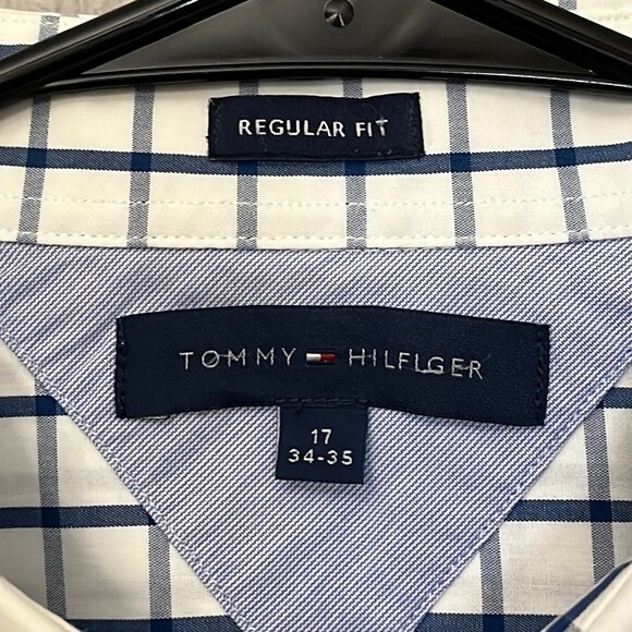 Tommy Hilfiger Regular Fit 17 34-35 Dress Shirt Checkered White Blue - Picture 1 of 9